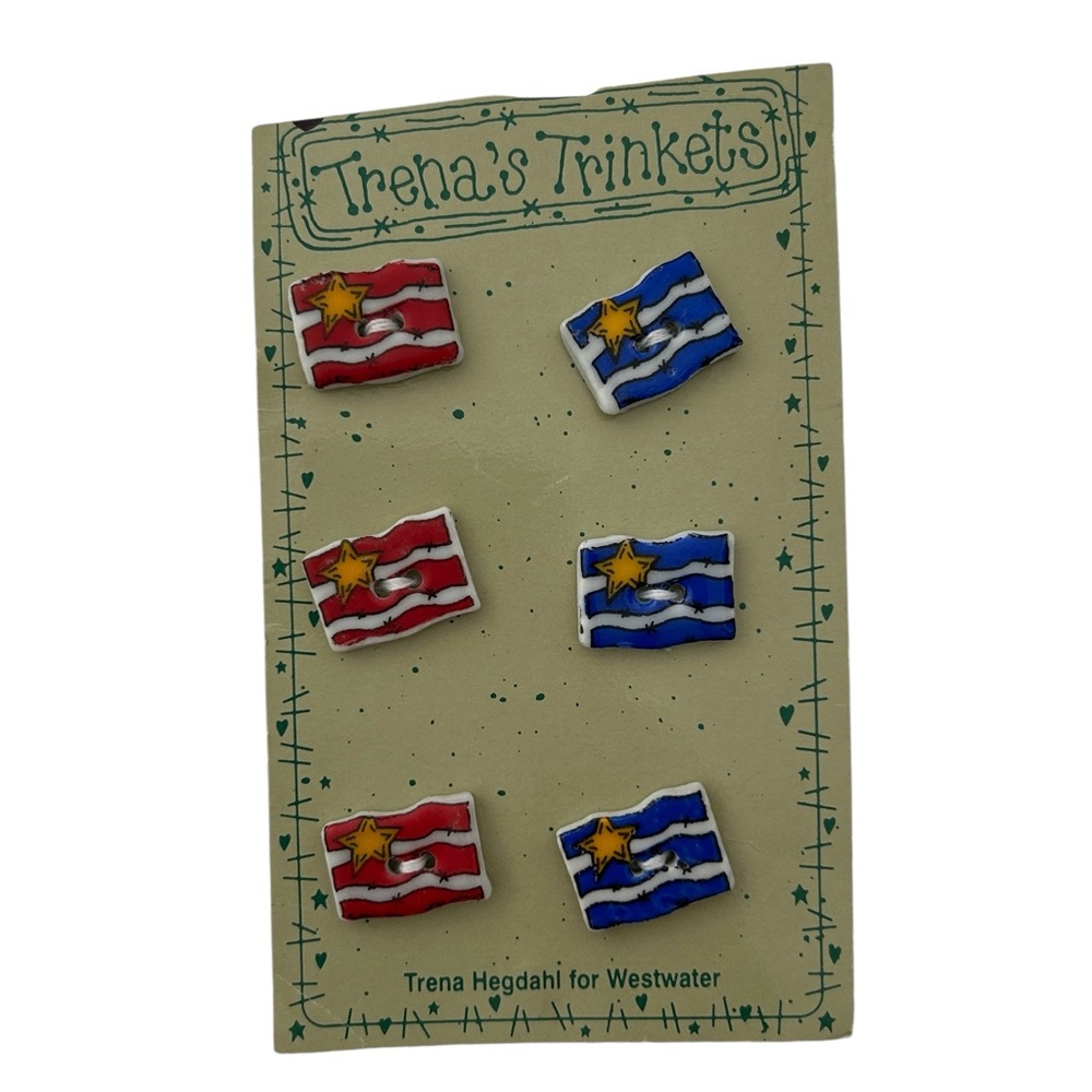Trena's Trinkets 6 Ceramic Flag Buttons 3/4" X 1/2"  Vintage 1996 New On Card